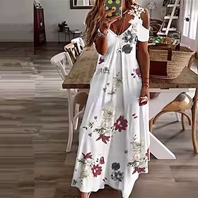 swingkjole for kvinner maxi lang kjole beige kortermet blomstret kald skuldertrykk høst sommer v-hals stilig avslappet moderne 2022 3xl