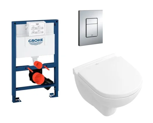 Komplet pakke m/GROHE sisterne, Betjeningsplate, Villeroy & Boch O.Novo Compact hengeskål & Soft close sete