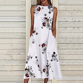 Dame Uformell kjole Midikjole Svart Hvit Ermeløs Blomstret Trykt mønster Vår Sommer Crew-hals Fritid 2023 S M L XL XXL 3XL