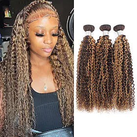 highlight curly wave bunter menneskehår p4/27 honning blond brun 3 bunter ombre menneskehår bunter