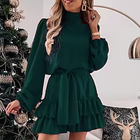 Dame Uformell kjole Swingkjole Mini kjole Svart Rød Grønn Langermet Ren farge Drapering Høst Vår Høyhalset Stilfull Vinter kjole Helg Høst kjole 2023 S M L XL