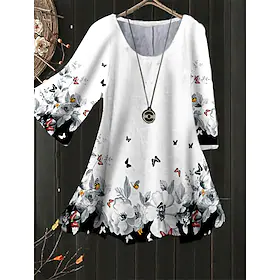 dameskjorte bluse svart hvit dyr blomsterprint 3/4 lengde erme daglig gå ut streetwear rund hals vanlig l
